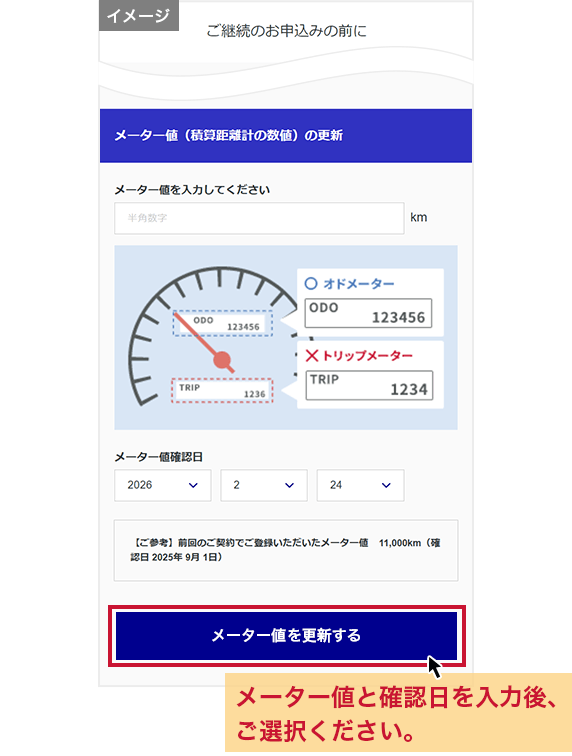 「ご継続のお申込みの前に（メーター値の入力）」画面 イメージ
